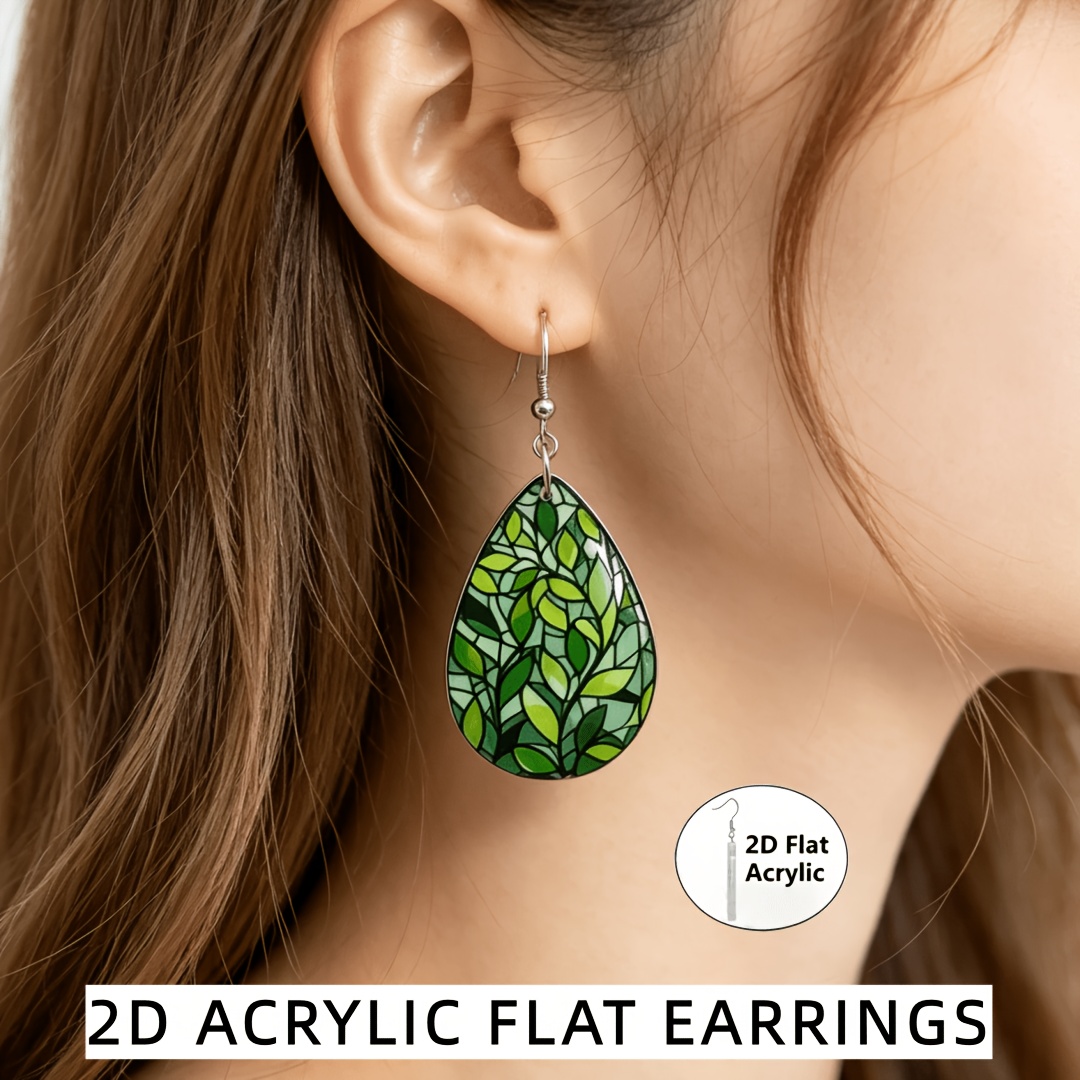 2D Flat Green Leaf Stained Glass Teardrop Dangle Earrings